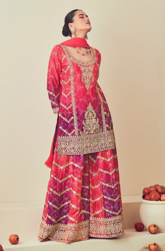 Dazzling Pink And Purple Chinon Sharara Suit Set With Jarkan Work