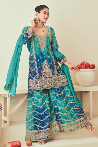 Trendy Teal And Navy Blue Chinon Sharara Suit Set With Jarkan Work