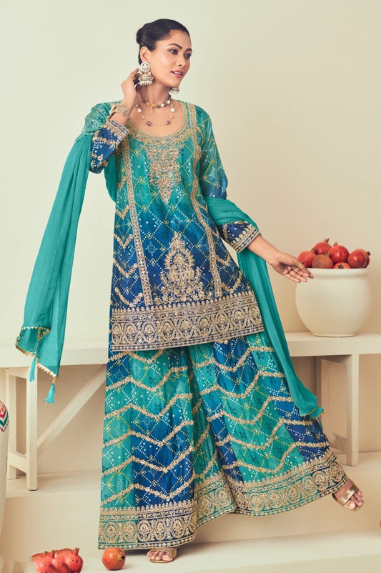 Trendy Teal And Navy Blue Chinon Sharara Suit Set With Jarkan Work