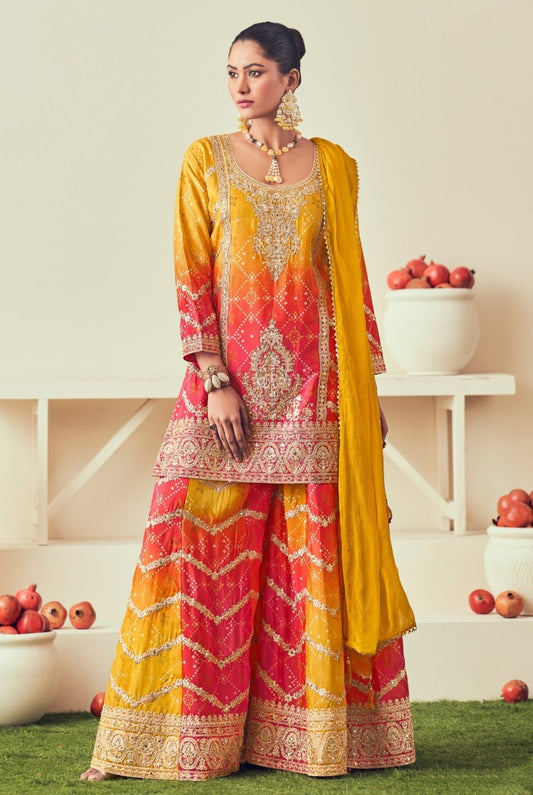Graceful Pink And Mustard Chinon Sharara Suit Set With Jarkan Work