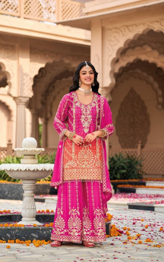 Women Pink And Orange Chinon Palazzo Suit Set