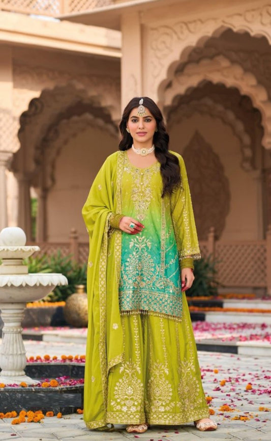 Women Green And Blue Chinon Palazzo Suit Set