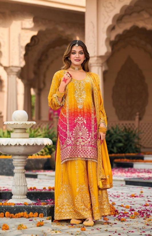 Women Mustard And Pink Chinon Palazzo Suit Set