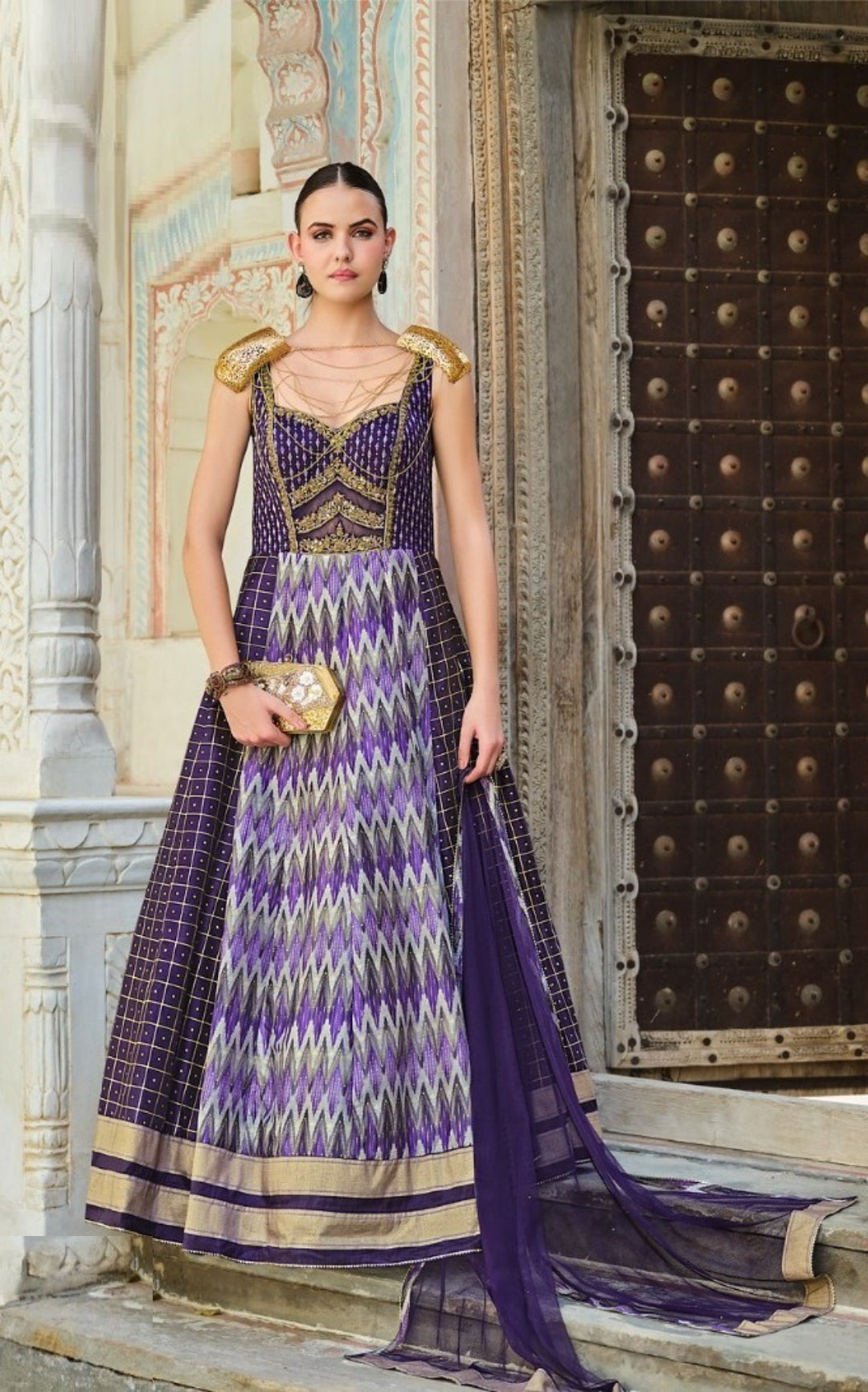 Women Purple Silk Foil Print Gown With Dupatta