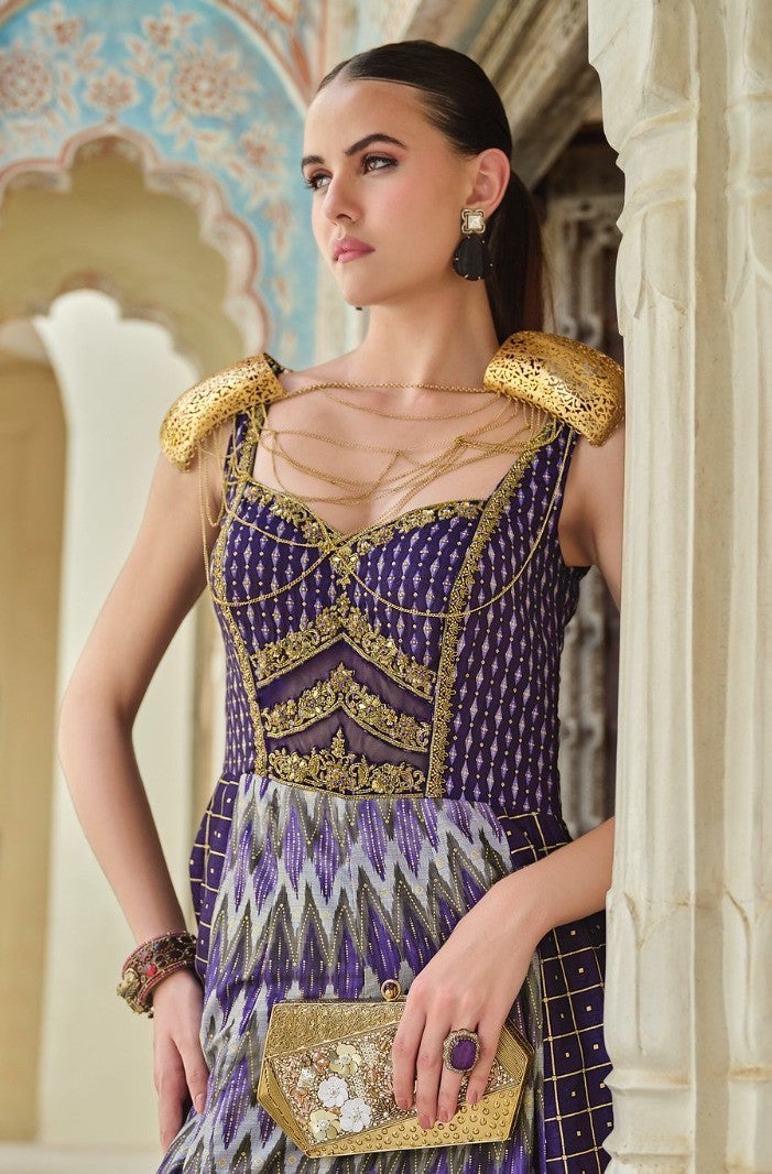 Women Purple Silk Foil Print Gown With Dupatta