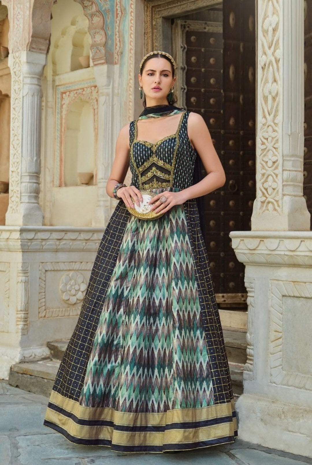 Women Black Multi Silk Foil Print Gown With Dupatta