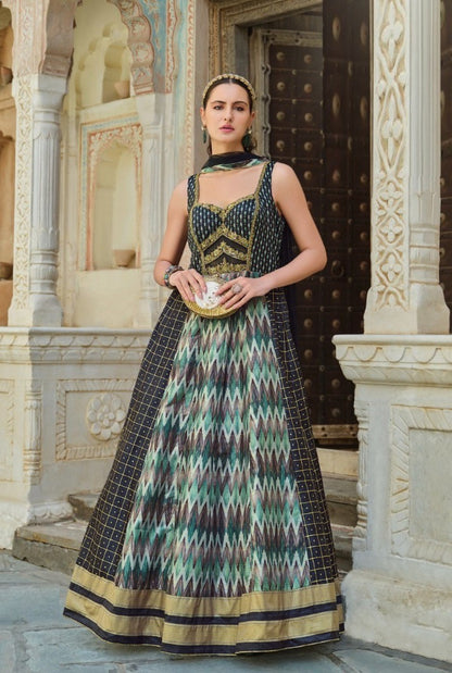 Women Black Multi Silk Foil Print Gown With Dupatta