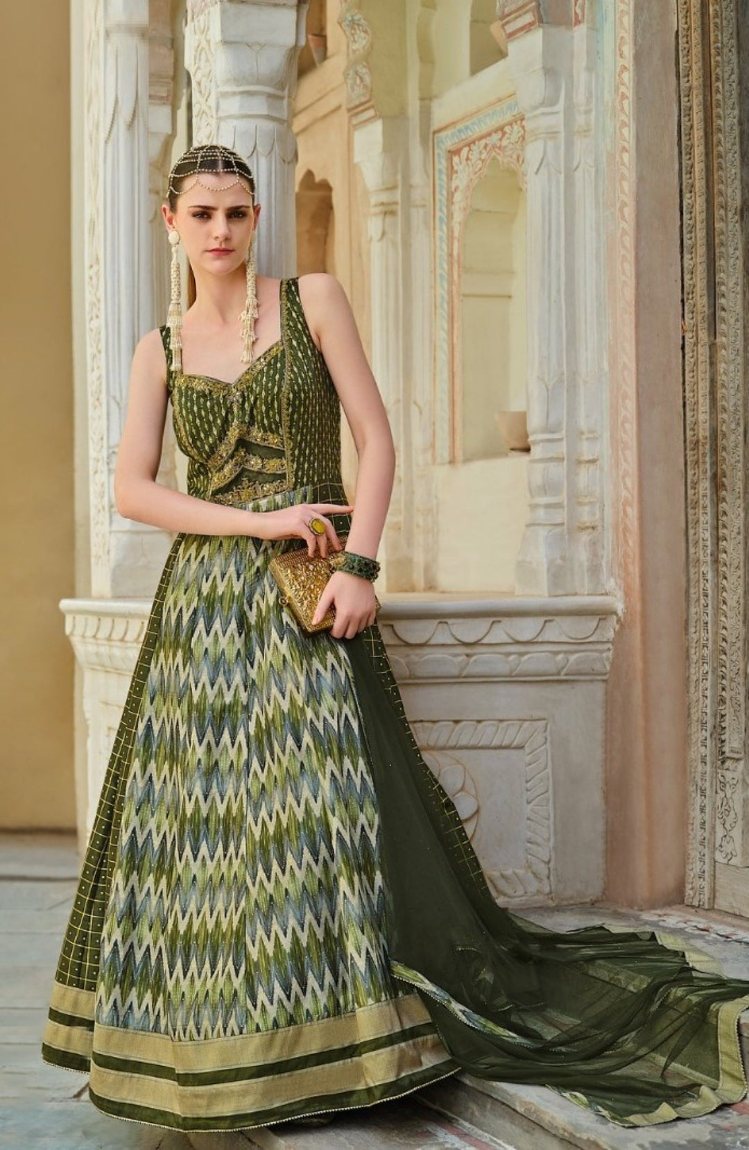 Women Mehendi Green Silk Foil Print Gown With Dupatta