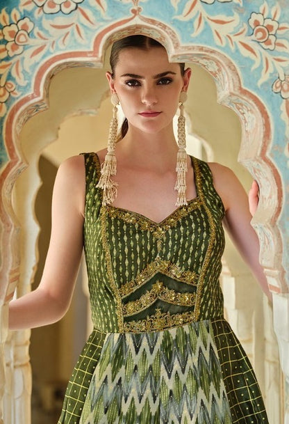 Women Mehendi Green Silk Foil Print Gown With Dupatta