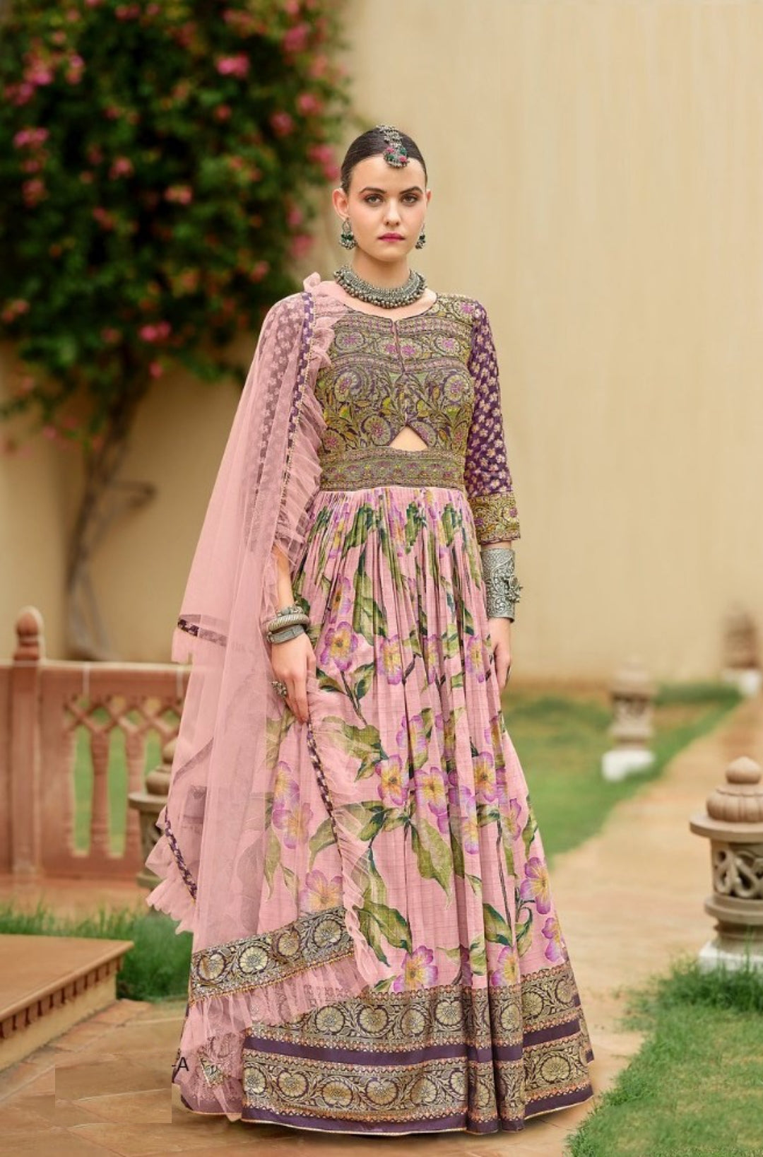 Women Peach Silk Foil Print Gown With Dupatta