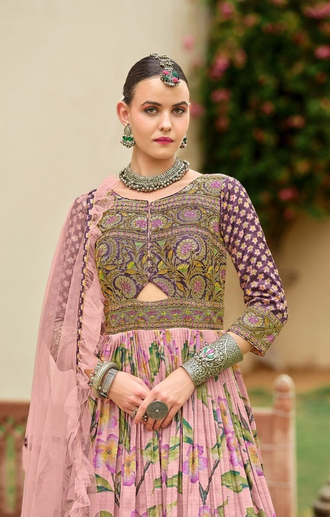 Women Peach Silk Foil Print Gown With Dupatta