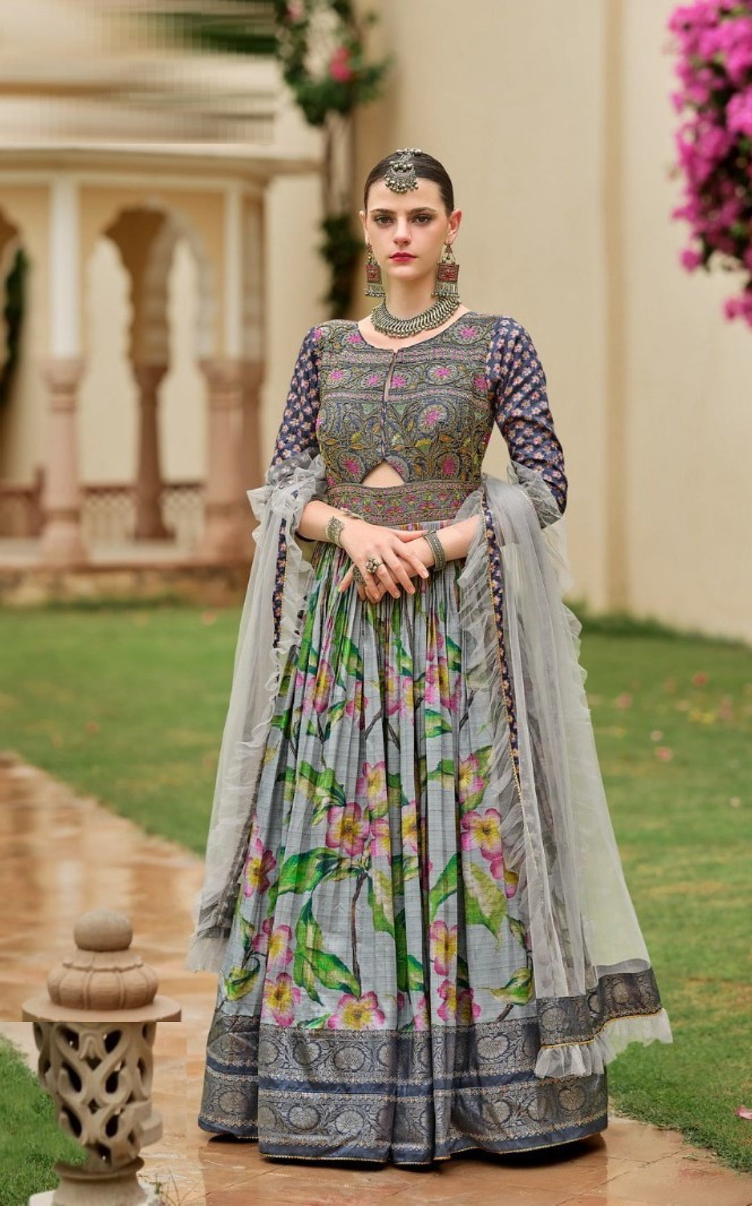 Women Grey Silk Foil Print Gown With Dupatta