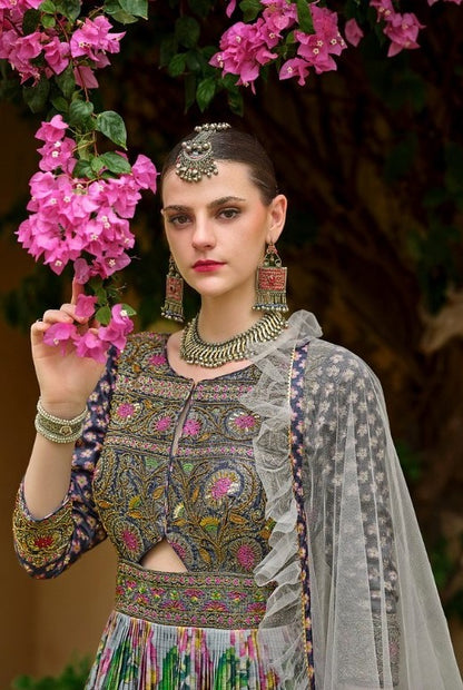 Women Grey Silk Foil Print Gown With Dupatta