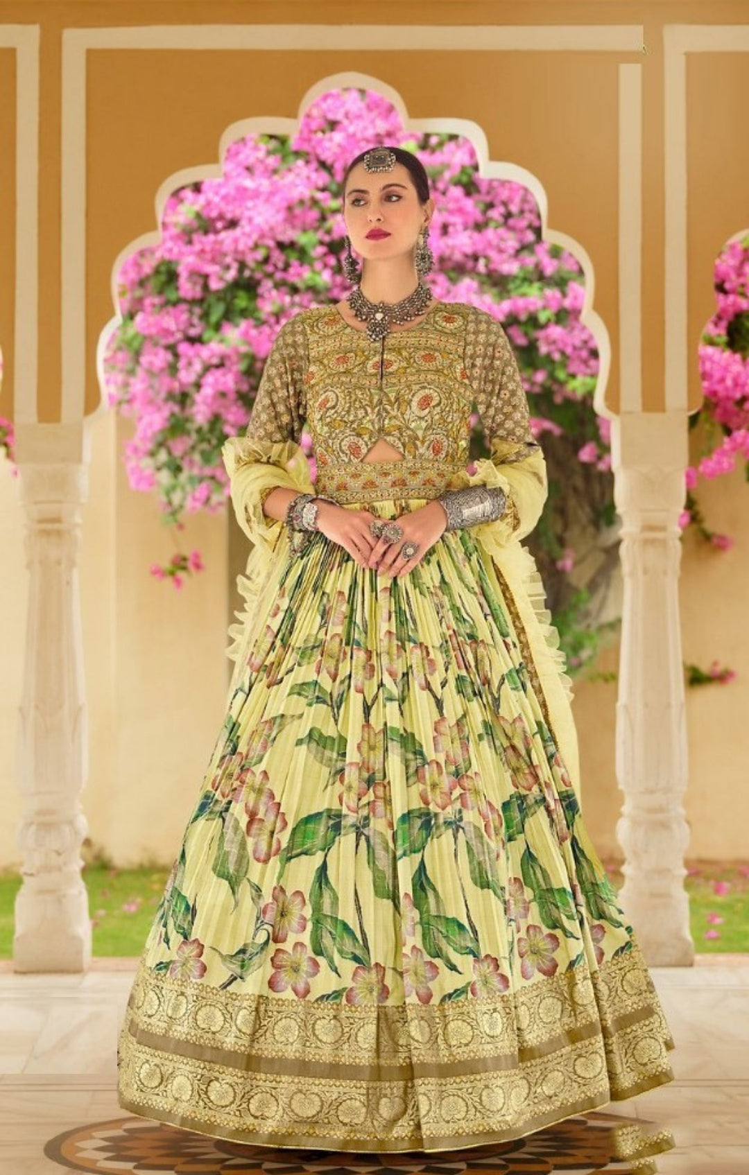 Women Yellow Silk Foil Print Gown With Dupatta