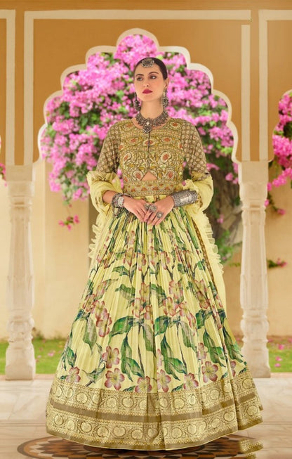 Women Yellow Silk Foil Print Gown With Dupatta