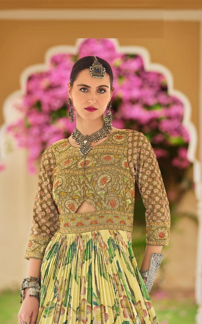 Women Yellow Silk Foil Print Gown With Dupatta
