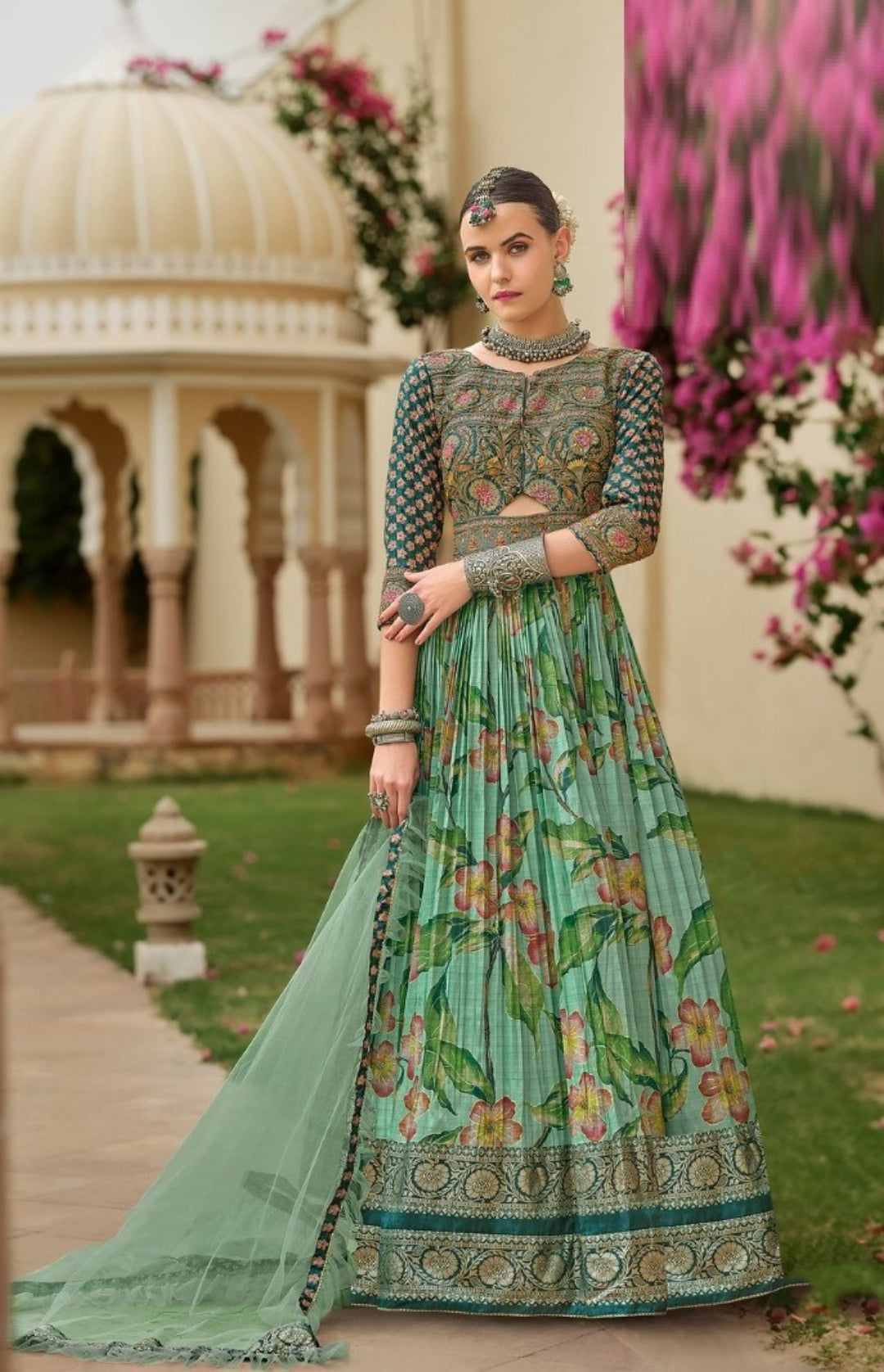 Women Sea Green Silk Foil Print Gown With Dupatta