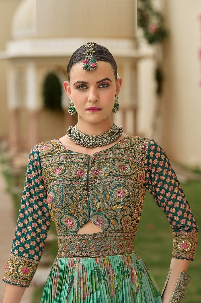 Women Sea Green Silk Foil Print Gown With Dupatta