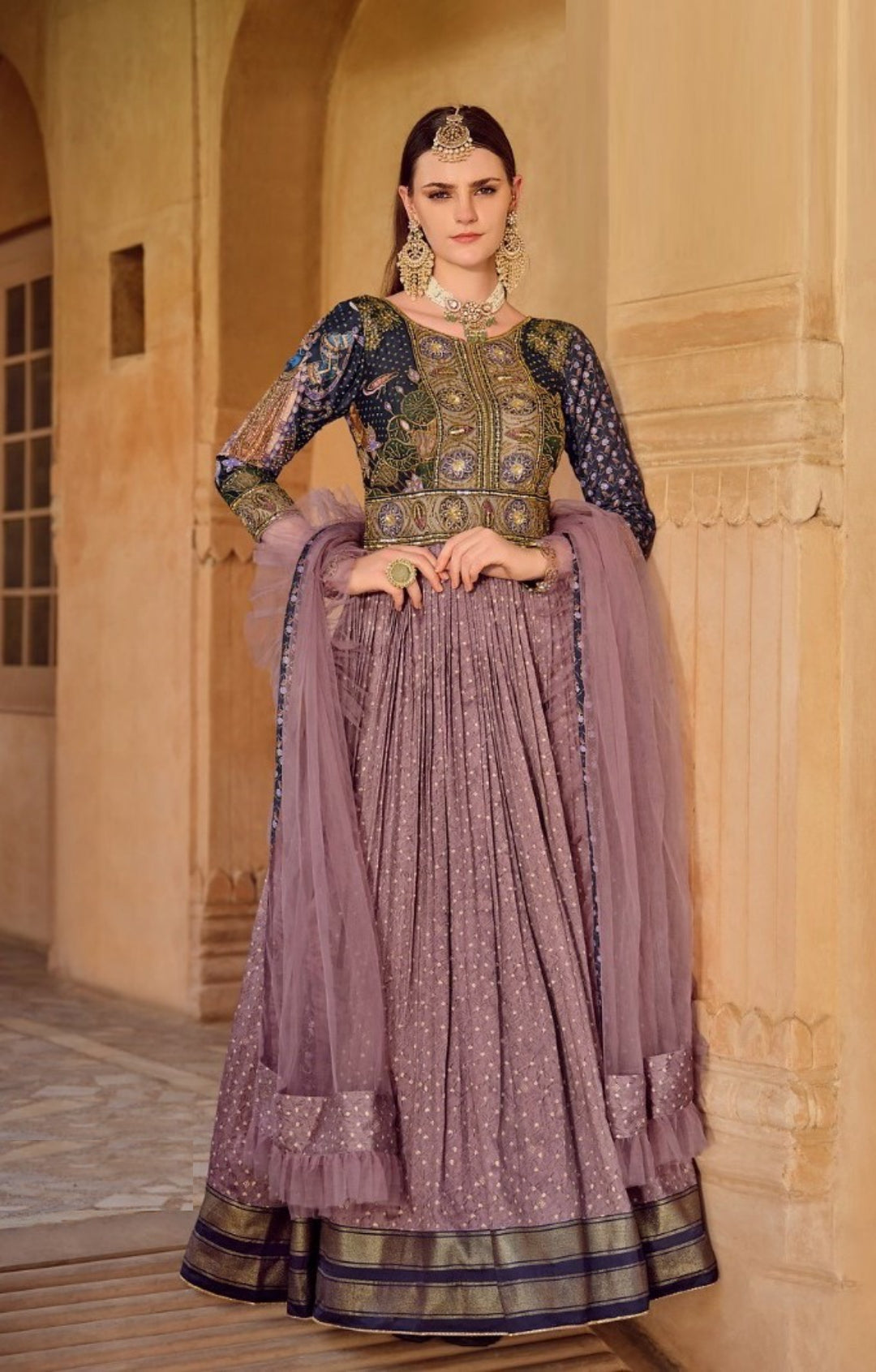 Women Violet Silk Foil Print Gown With Dupatta