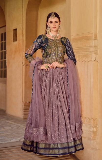 Women Violet Silk Foil Print Gown With Dupatta