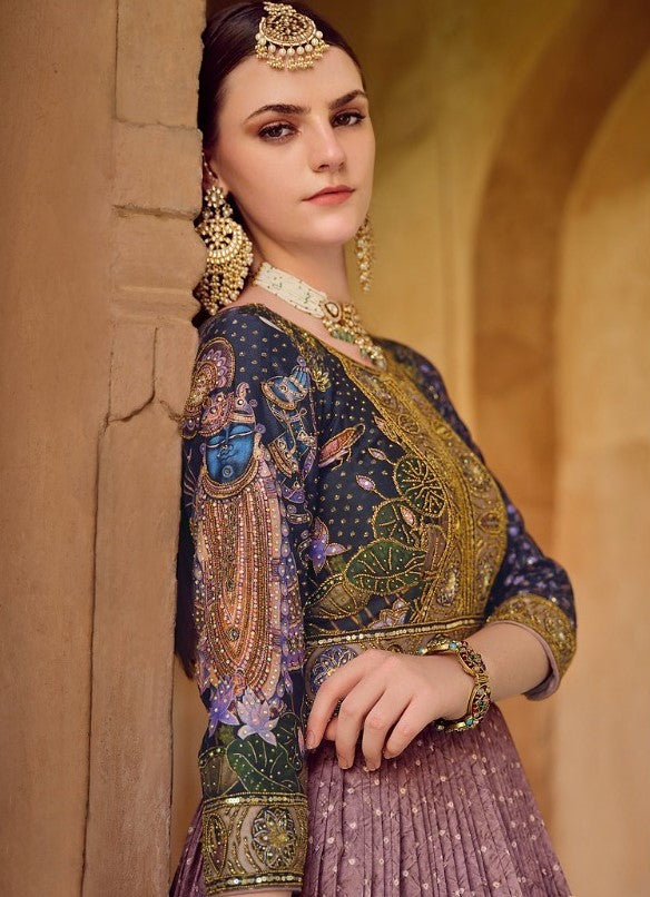 Women Violet Silk Foil Print Gown With Dupatta