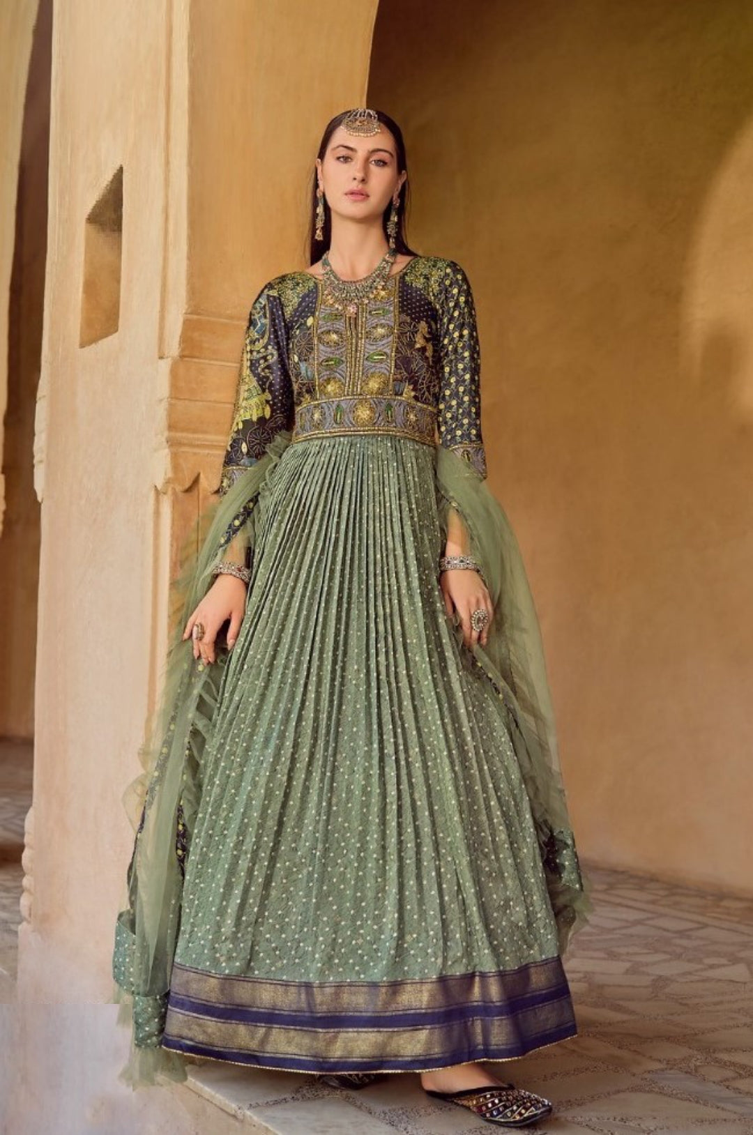 Women Green Silk Foil Print Gown With Dupatta
