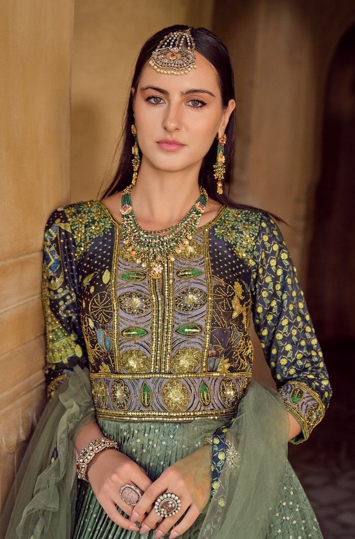 Women Green Silk Foil Print Gown With Dupatta
