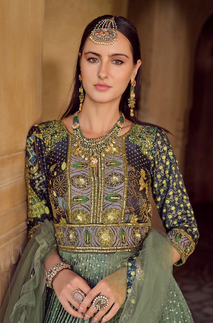 Women Green Silk Foil Print Gown With Dupatta