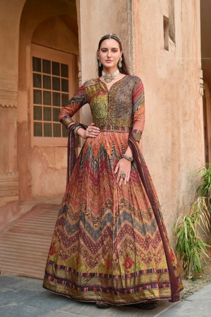 Elegant Multicolor Silk Gown With Dupatta