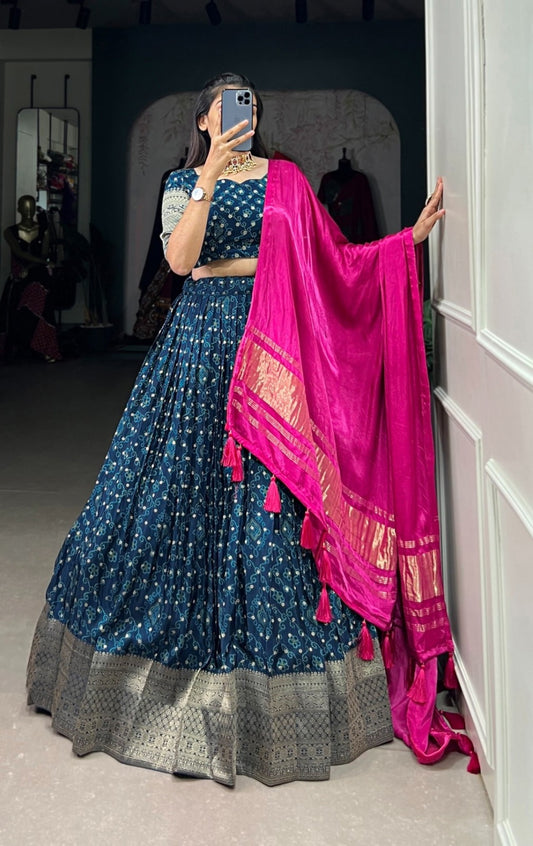 Breathtaking Navy Blue Viscose Dola Silk With Zari Weaving Printed Bandhani Lehenga