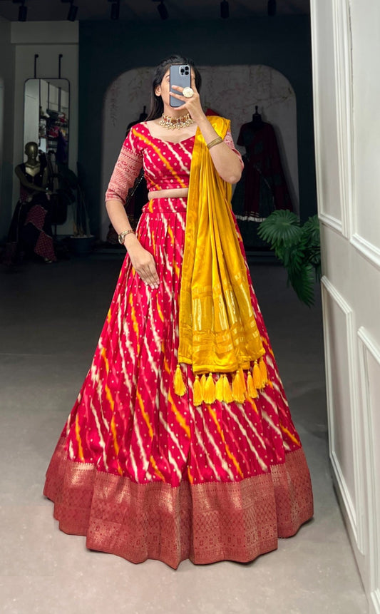 Opalescent Pink Viscose Dola Silk With Zari Weaving Printed Bandhani Lehenga