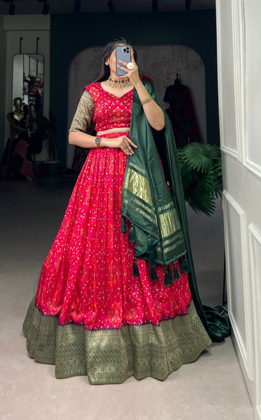 Immaculate Rose Pink Viscose Dola Silk With Zari Weaving Printed Bandhani Lehenga