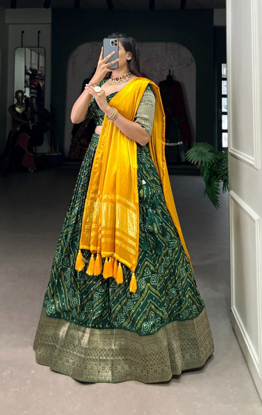 Sculpted Green Viscose Dola Silk With Zari Weaving Printed Bandhani Lehenga