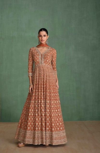Women Rust Georgette Gown With Dupatta