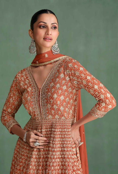 Women Rust Georgette Gown With Dupatta