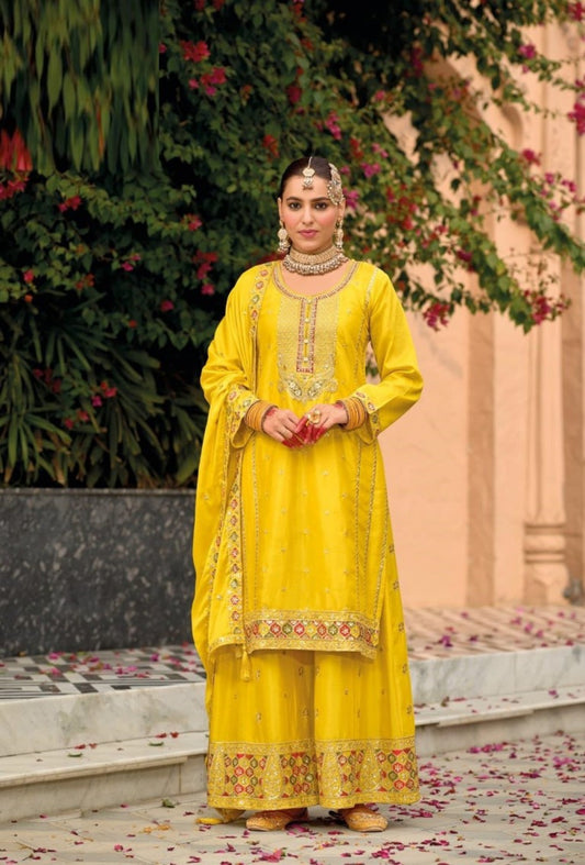 Women Yellow Chinon Palazzo Suit Set With Embroidery Work