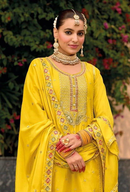 Women Yellow Chinon Palazzo Suit Set With Embroidery Work