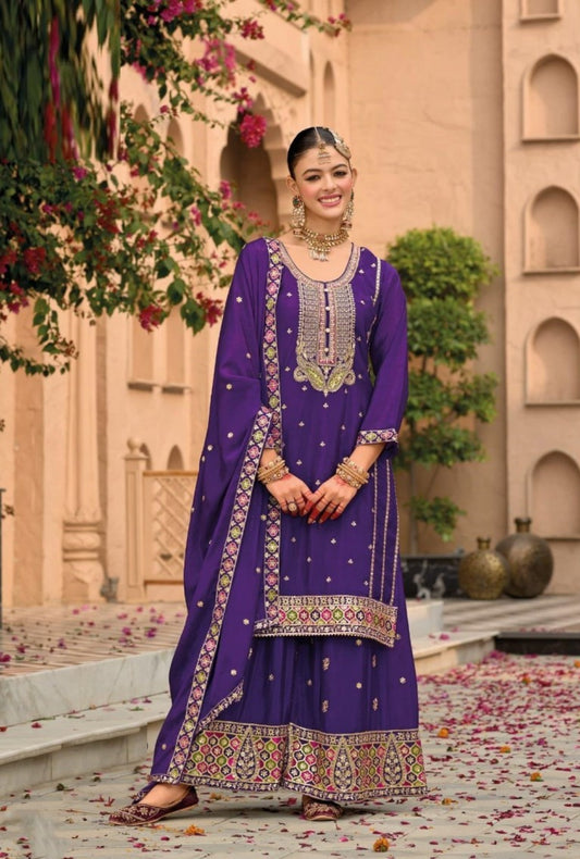 Women Purple Chinon Palazzo Suit Set With Embroidery Work