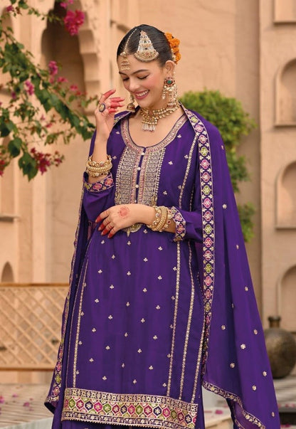 Women Purple Chinon Palazzo Suit Set With Embroidery Work