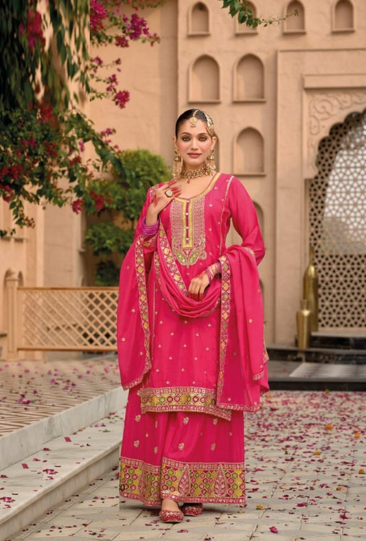 Women Pink Chinon Palazzo Suit Set With Embroidery Work