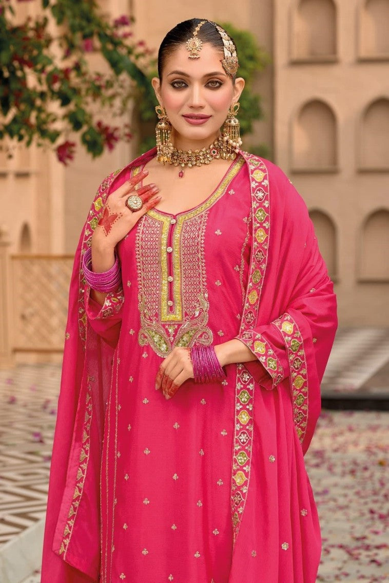Women Pink Chinon Palazzo Suit Set With Embroidery Work