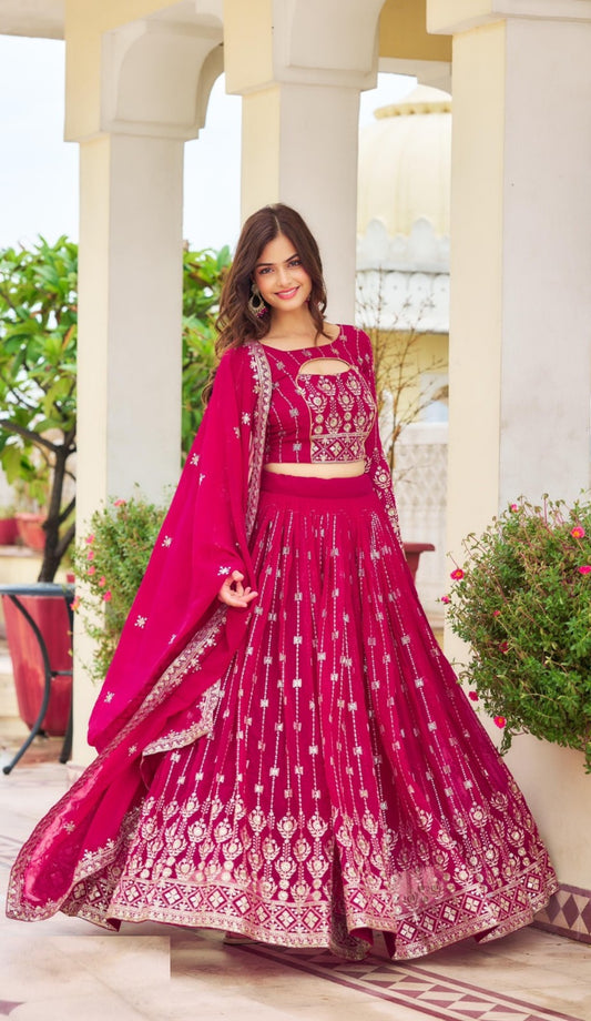 Women Pink Georgette Sequins With Embroidery Work Stylish Lehenga