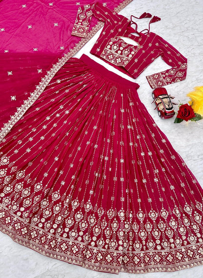 Women Pink Georgette Sequins With Embroidery Work Stylish Lehenga