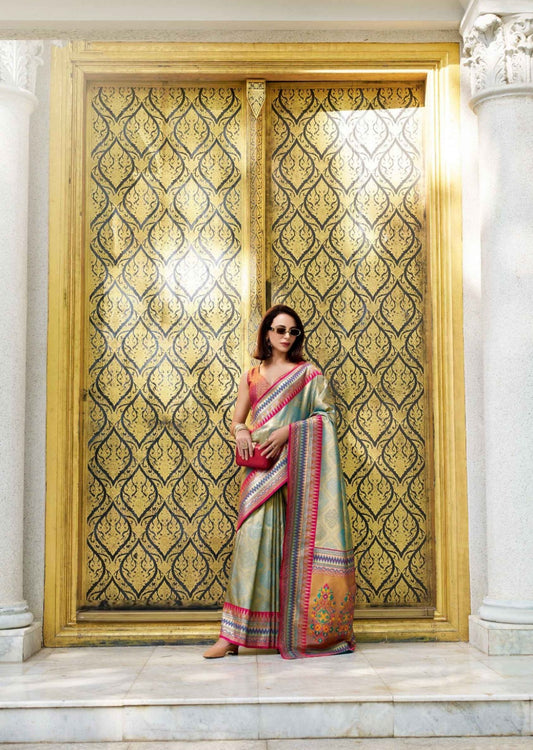 Women Sky Blue Tissue Silk Saree