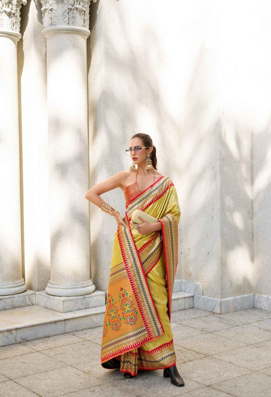 Women Lemon Yellow Tissue Silk Saree