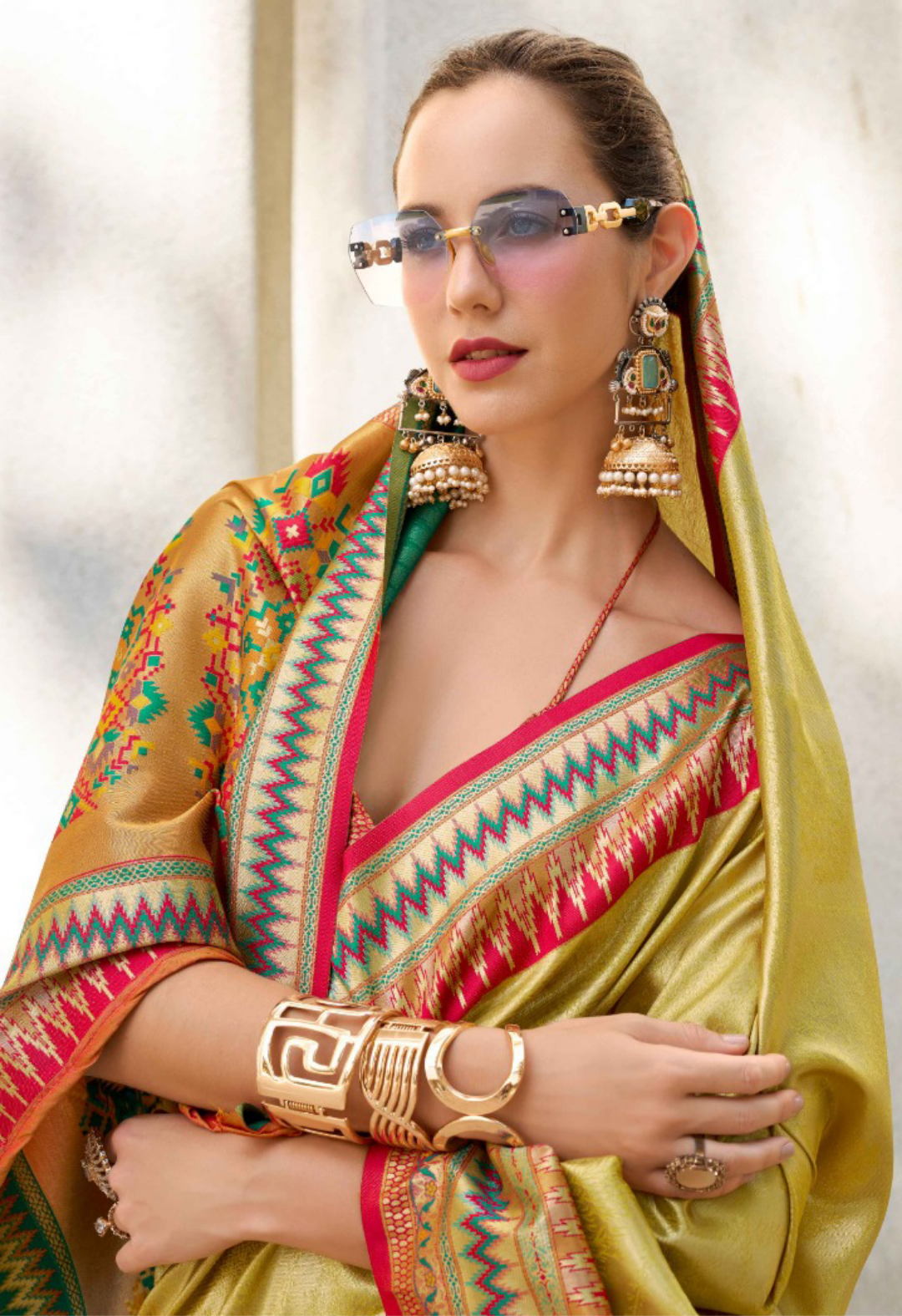 Women Lemon Yellow Tissue Silk Saree