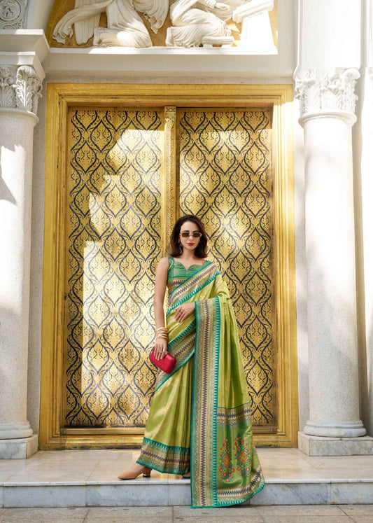 Women Pista Green Tissue Silk Saree