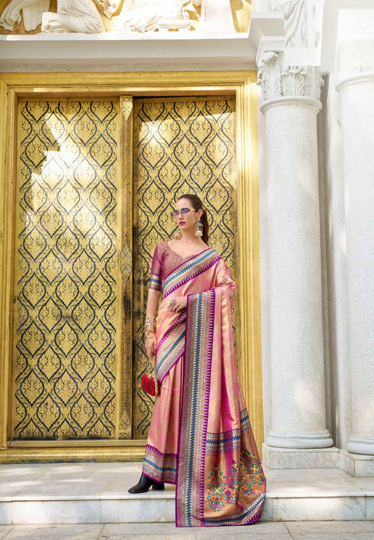 Women Peach Tissue Silk Saree
