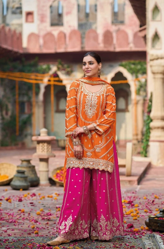Women Orange And Pink Chinon Palazzo Suit Set