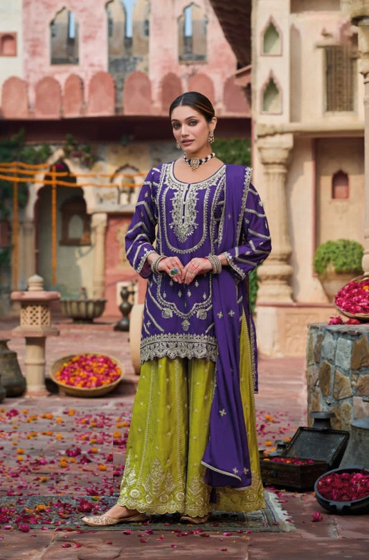 Women Purple And Green Chinon Palazzo Suit Set